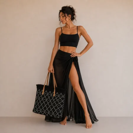 Pack Cabana Chic : Jupe-Paréo Noir et Cabas